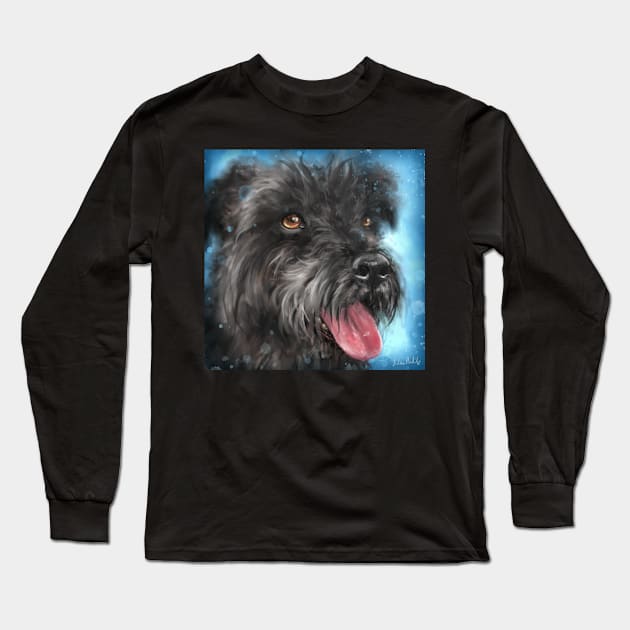 Painting of a Black Schnauzer With Its Tongue Out on Blue Background Long Sleeve T-Shirt by ibadishi